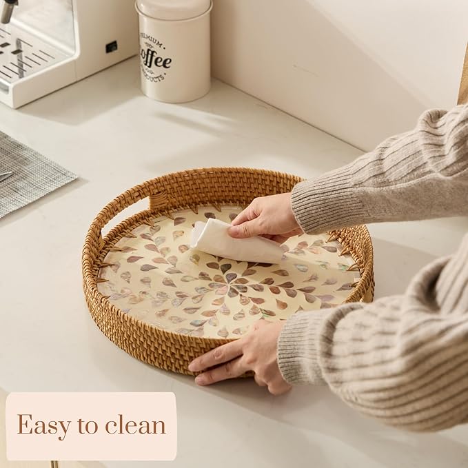 YANGQIHOME Round Rattan Tray with Handle, Mother of Pearl Inlay Decorative Wicker Basket for Coffee, Bread, Fruits, Serving Tray for Home Decor, Pink Clover