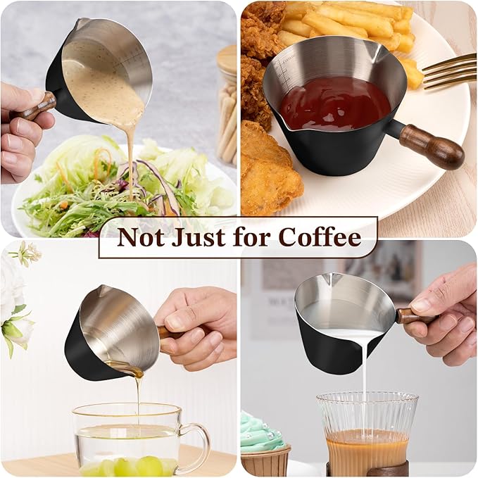 Espresso Cup, 6.8 oz/200 ml Stainless Steel Coffee Shot Measuring Cup with Wood Handle, Double V-Shaped Mouth and Clear Scale for Cappuccino Barista Coffee Bar Accessories, Black