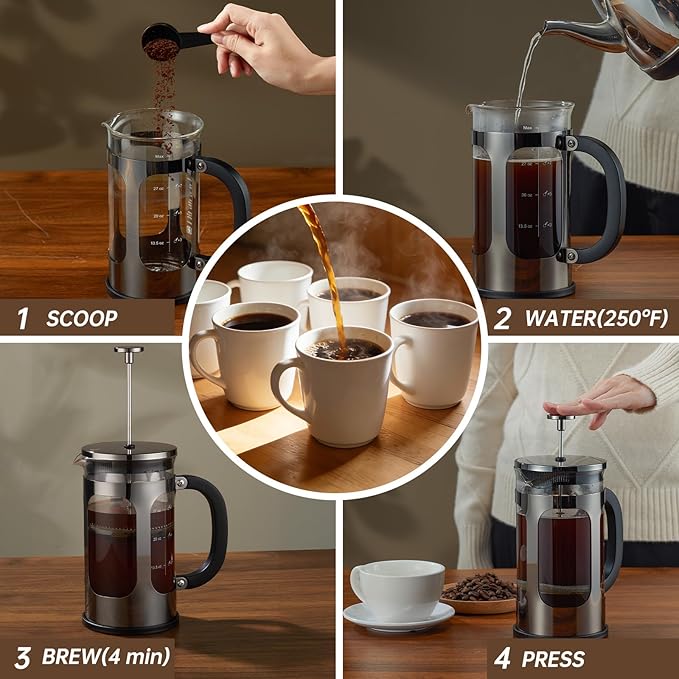 BAYKA French Press Coffee Maker, 4-Level Filtration, Easy to use, Large 304 Stainless Steel Press, Cold Brew Heat Resistant Thickened Borosilicate Pot for Camping Travel Gifts, 34 Ounce, Dark Pewter