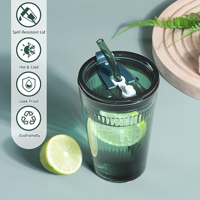 Joeyan Glass Tumbler with Straw and Lid,Green Glasses Water Cup with Straw,Colored Glass Drinking Jars for Juice Beverages Iced Coffee Tea Smoothie Soda Milk,15 oz,Set of 2,Dishwasher Safe