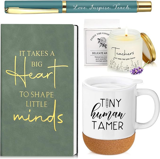 4 Pcs Tiny Humans Tamer Teacher Appreciation Gift Set for Mom Preschool Kindergarten Daycare Teacher Thank You Notebook Coffee Mug Cup with Lid Scented Candle Ballpoint Pen
