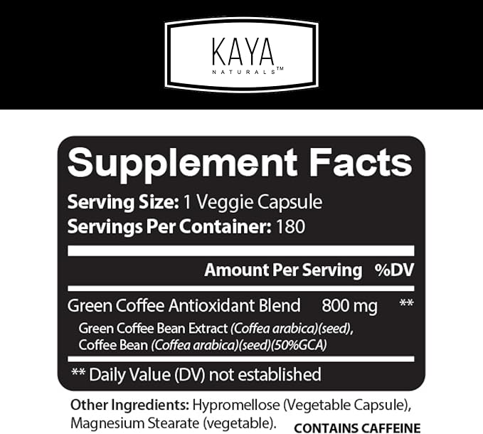 Kaya Naturals Green Coffee Bean Extract - Non-GMO, Gluten-Free Supplement 180 Count