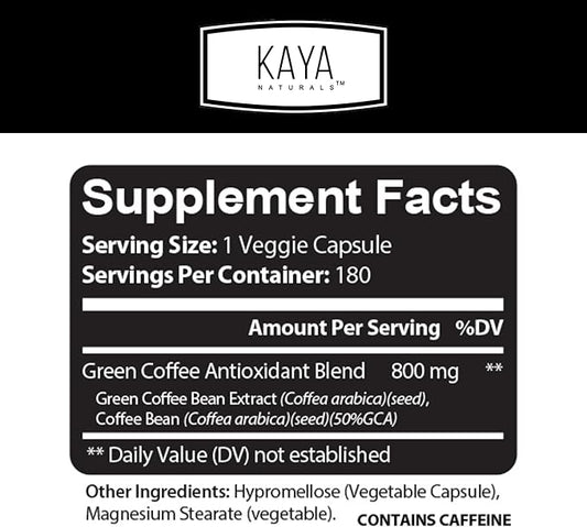 Kaya Naturals Green Coffee Bean Extract - Non-GMO, Gluten-Free Supplement 180 Count