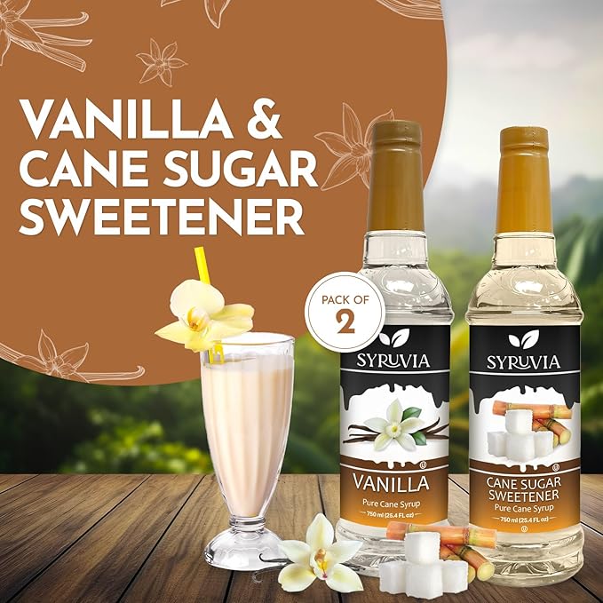 Syruvia Coffee Syrup Variety Pack - Vanilla & Cane Sugar Sweetener- Gluten-Free, Kosher, 25.4 fl oz Bottles - Enhance Your Coffee Experience with Premium Flavoring Syrups