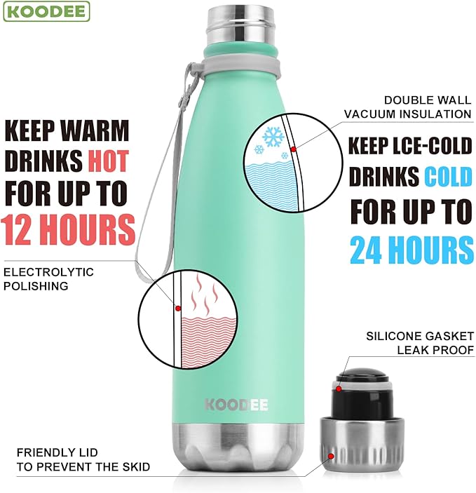 koodee Insulated Water Bottle, 17 oz Stainless Steel Double Wall Vacuum Flask Cola Shape Leak Proof Sports Water Bottle (Aquamarine Blue)
