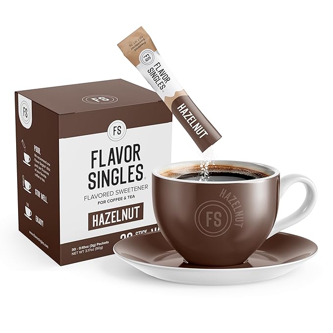 Flavor Singles Hazelnut Powdered Sweetener Packets for Coffee & Tea, Travel Ready Single-Serve Syrup Alternative, 30 Count (Pack of 3)