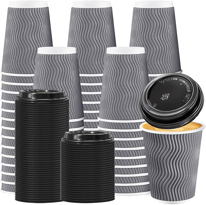 BYSNOW 50 Pack 12 oz Coffee Cups with Lids, Disposable Insulated Hot Cups To Go Paper Coffee Cups, Corrugated Ripple Wall Cup for Hot Drink, Office, Coffee Bar (Grey 12 oz)