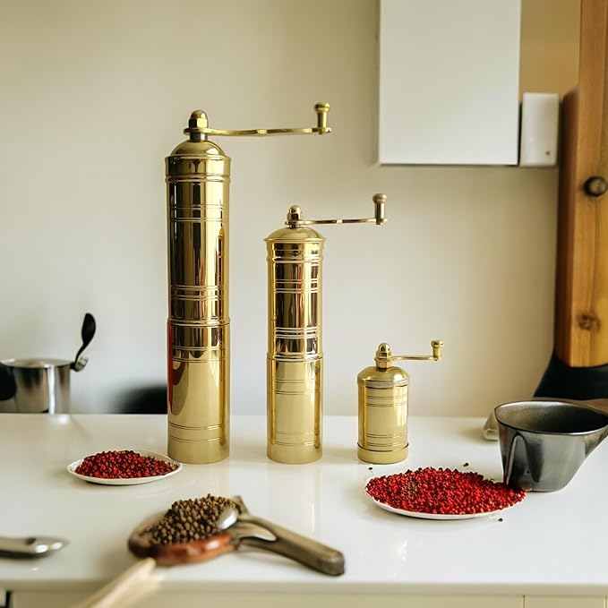 Set of Three Turkish Manual Coffee Grinders, Brass Coffee Mill with Handle, Fixed Top Pepper Grinder, Kitchen Decor