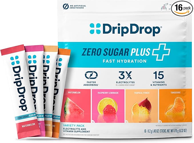 DripDrop Zero Sugar Plus - Sugar Free Hydration Packets- Single Serve Electrolytes Powder Drink Mix - Raspberry Lemonade, Watermelon, Tangerine, Tropical Punch - Non-GMO, Gluten Free, Vegan- 16 Sticks