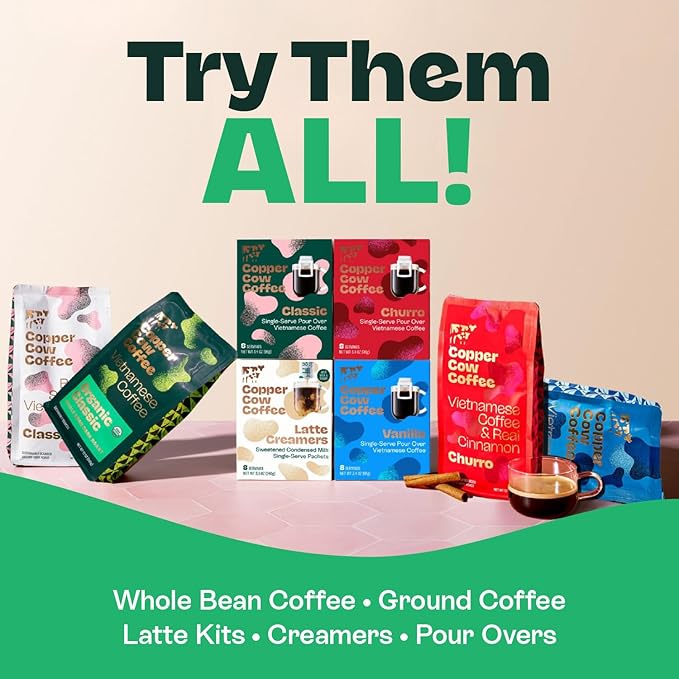 Copper Cow Vietnamese Coffee Variety Pack (15 Coffees & 15 Creamers)| Classic, Churro, & Vanilla Latte | Pour Over Single-Serve Lattes, No Refrigeration Needed, Travel Friendly Ground Coffee