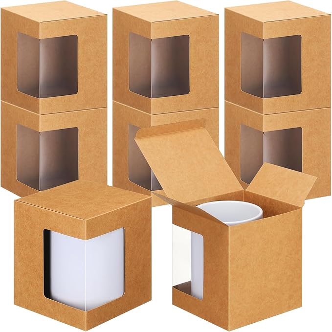 Harloon 24 Pcs Mug Boxes for Gifts Coffee Box for Blanks Sublimation Mugs Packaging 11oz, 12oz, 15oz Transparent Ceramic Coffee Cups Gift Box(Brown)