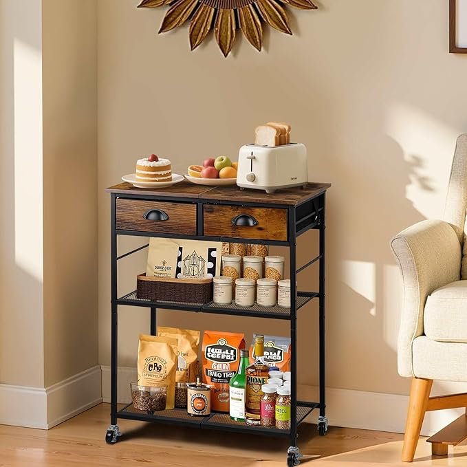 Rolling Coffee Cart with Storage Drawers, Small Coffee Bar Cabinet with Adjustable Shelf and Wheels, Retro Industrial Buffet Sideboard Cabinet for Kitchen, Office, Rustic Brown