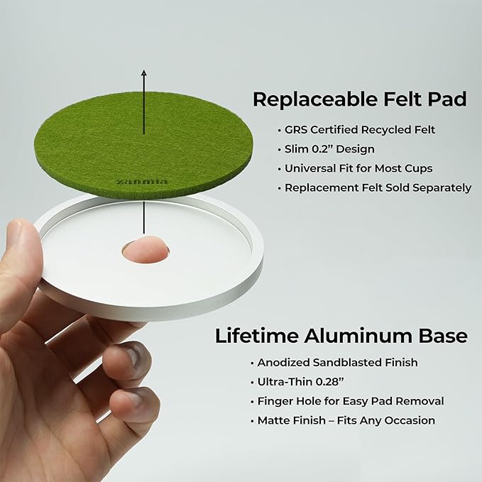 Absorbent Coasters Set of 1 Base & 3 Felt Pads, Non-Slip Metal Coaster for Hot & Cold Drinks, Replaceable Inserts, Modern Coaster for Home, Office, Bar,Outdoor(Grass Green)