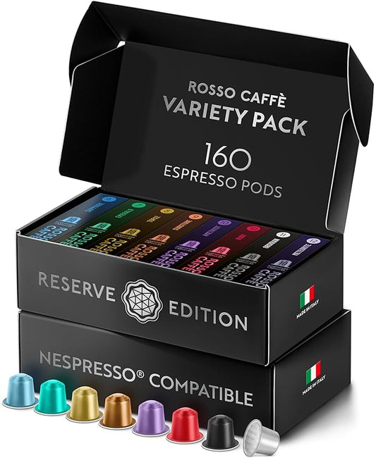ROSSO CAFFÈ Espresso Coffee Pods, Compatible with Nespresso Original Machines, Reserve Variety Pack, 160 Capsules - Made in Italy