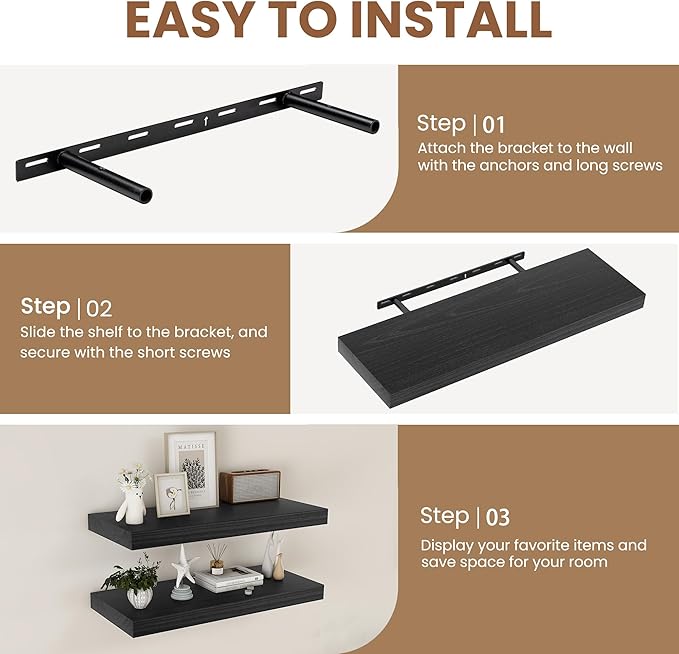 Fun Memories 9 Inch Deep Black Floating Shelves, Farmhouse Rustic Natural Wood Floating Shelf Wall Mounted, 30 x 9 Wall Shelves Set of 2, Deep Black Bathroom Shelves