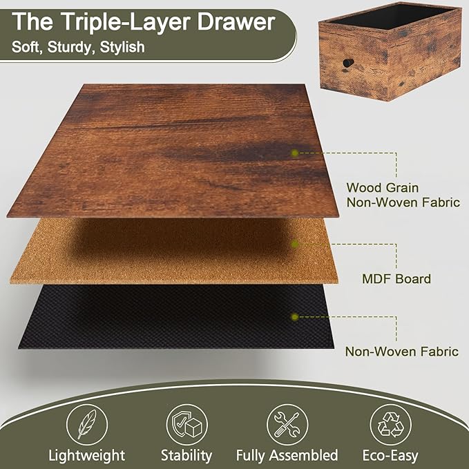 Narrow End Table Living Room with Charging Station, Skinny Side Table with Fabric Drawers, Slim Nightstand for Bedroom, Small Spaces, Couch, Rustic Brown, HETNDP02PBR-1