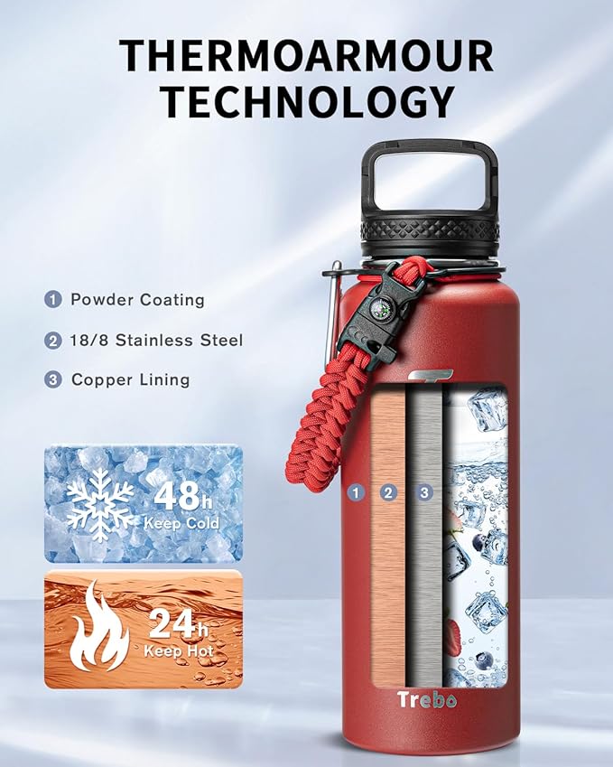 Trebo Water Bottle 40oz with Paracord Handle, Half Gallon Large Vacuum Double Wall Stainless Steel Insulated Water Jug with Holder Strap Straw Spout Lids, Leakproof Keep Cold & Hot, Red