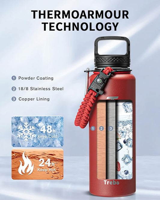Trebo Water Bottle 40oz with Paracord Handle, Half Gallon Large Vacuum Double Wall Stainless Steel Insulated Water Jug with Holder Strap Straw Spout Lids, Leakproof Keep Cold & Hot, Red