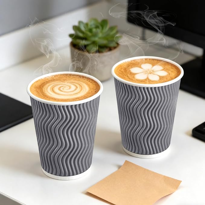 BYSNOW 50 Pack 12 oz Coffee Cups with Lids, Disposable Insulated Hot Cups To Go Paper Coffee Cups, Corrugated Ripple Wall Cup for Hot Drink, Office, Coffee Bar (Grey 12 oz)