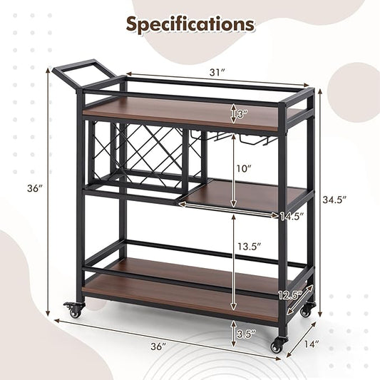 Giantex Bar Cart, 3 Tier Serving Cart for Home, 8 Wine Bottles Rack, Glass Holder, Industrial Mobile Kitchen Cart with Lockable Wheels and Handle, Storage Shelves for Drink Beverage