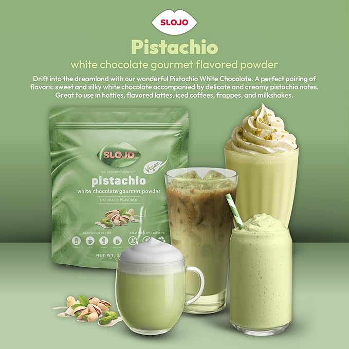 SLOJO Pistachio White Chocolate Powder - Premium Drink Mix for Hot & Cold Beverages, Gourmet Powder, Vegan, Drink Mix for Frozen or over Iced Frappes, Lattes, Iced Coffees, Milkshakes and Desserts, 2Lbs