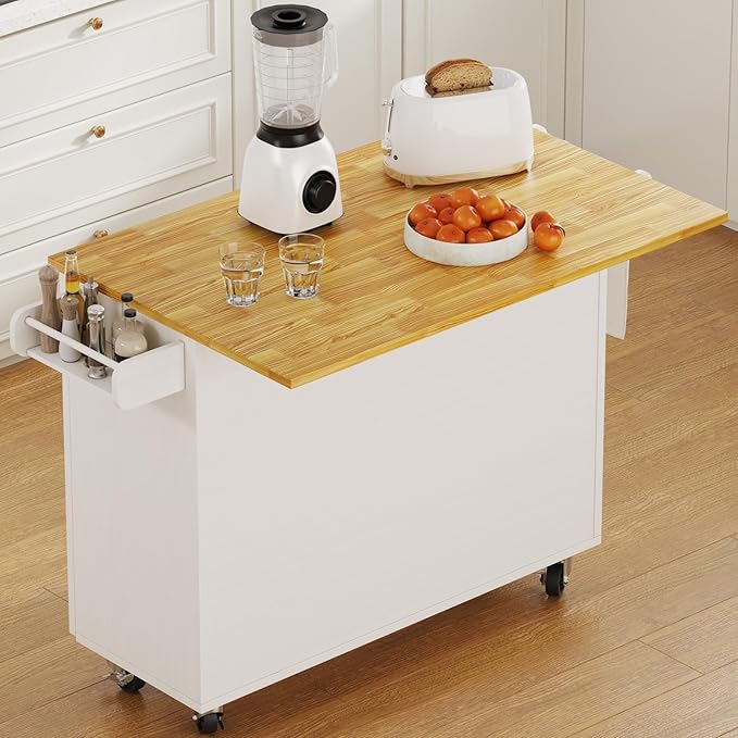 4 EVER WINNER Kitchen Island with Storage on Wheels, Rolling Kitchen Island with Spice Rack & Towel Rack, Portable Island Table for Kitchen, White