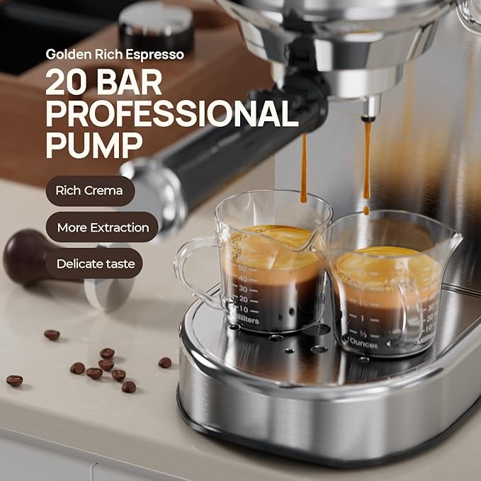 JZ.CAFE Espresso Machine 20 Bar, Compact Espresso Maker, Stainless Steel Expresso Coffee Machines with Steam Milk Frother & 34oz Removable Water Tank for Home, Cappuccino Machine, Great Gift