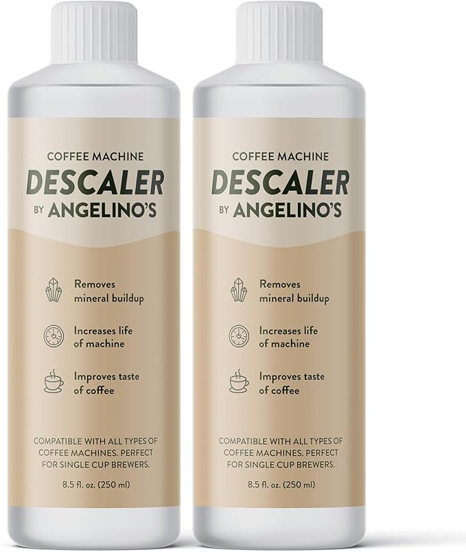 Angelino's Universal Descaling Solution (4 Uses) – Safe Keurig Descaler & Nespresso Descaling Kit for All Coffee Machines – Removes Limescale to Improve Taste – Works with DeLonghi, Breville & Ninja