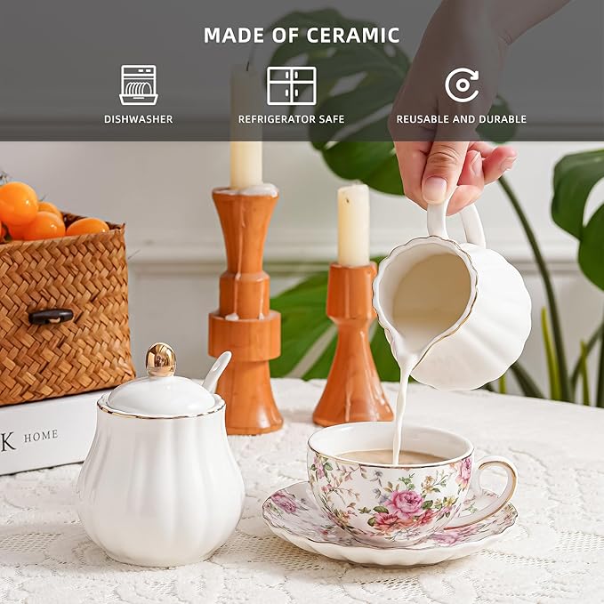 Ceramic Sugar and Creamer Set, 3 Piece with Cream Pitcher, Sugar Bowl with Lid and Spoon,Coffee and Tea Serving Set (White with gold line)