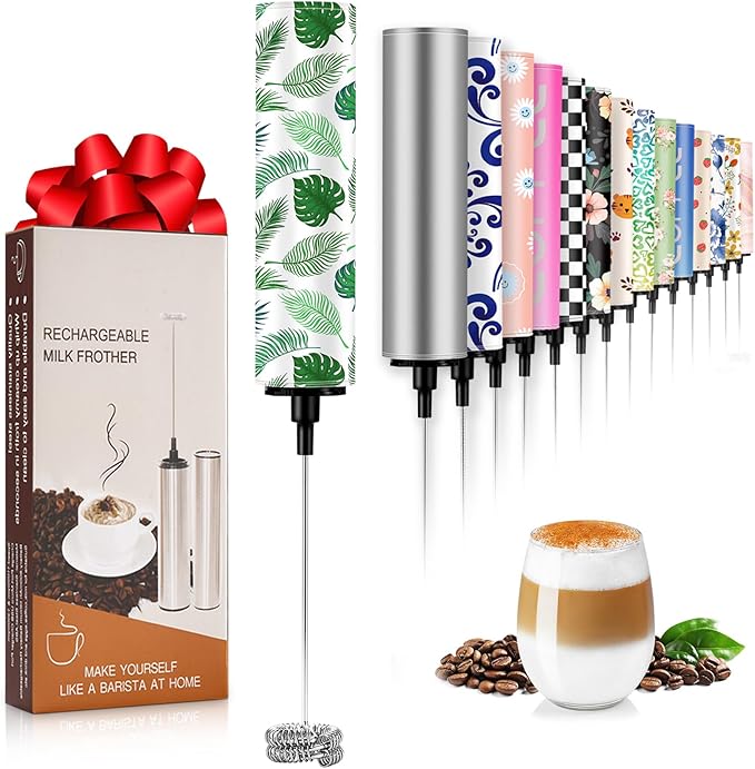 Milk Frother Handheld Rechargeable - 2-Speed Electric Whisk with 5 Detachable Heads (Frother/Mixer/Whisk) for Coffee, Latte, Cappuccino & Matcha, Drink Mixer (Flower 12)