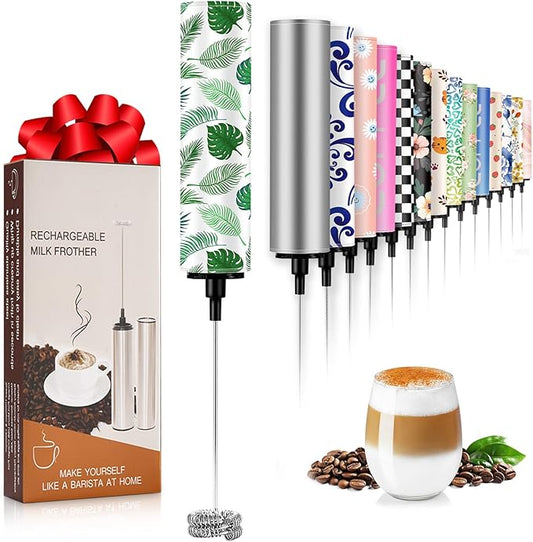 Milk Frother Handheld Rechargeable - 2-Speed Electric Whisk with 5 Detachable Heads (Frother/Mixer/Whisk) for Coffee, Latte, Cappuccino & Matcha, Drink Mixer (Flower 12)