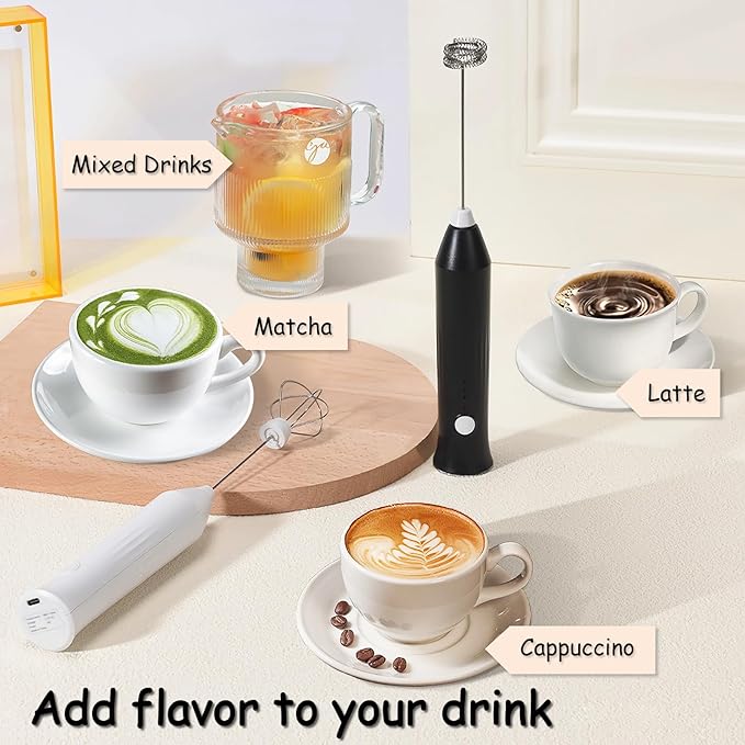 Milk Frother Handheld Rechargeable USB C, 3-in-1 Coffee Frother Wand Drink Mixer Electric Whisk Stirrer with 3 Detachable Stainless Steel Heads, 3 Speed Powder Mixer Foam Maker for Latte, Matcha,Black