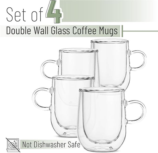 Brew To A Tea Glass Espresso Cups, Set of 4, 3 oz (90 ml), Double Wall, Insulated, Clear