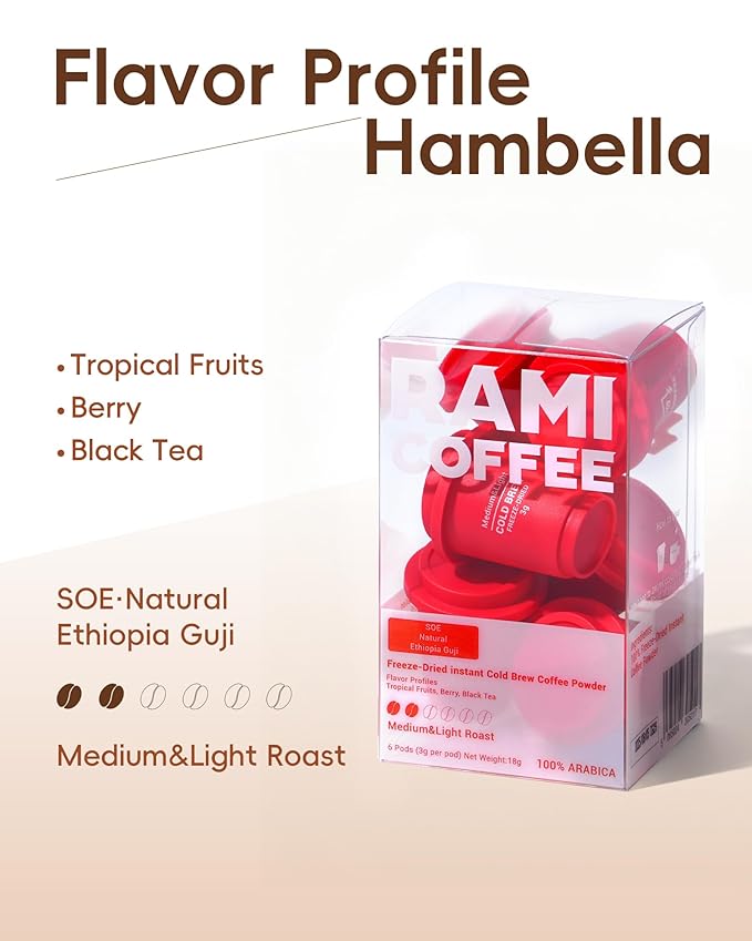 Rami Coffee Cold Brew Freeze Dried Instant Coffee Powder, Medium-light Roast 100% Arabica, 6 Portable Single Packets for Home Travel Backpacking Camping