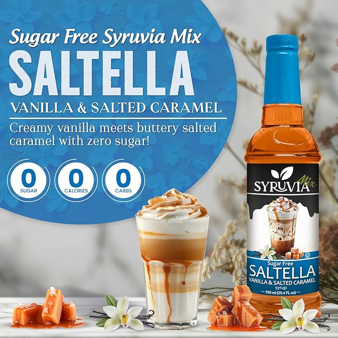 Syruvia Sugar Free Coffee Syrup, SALTELLA Syrup, Vanilla Salted Caramel Flavored Syrup for Drinks, Lattes, and Desserts – 25.4 fl oz, With Pump