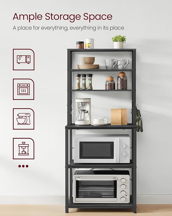 VASAGLE Coffee Bar, 23.6 Inches Baker's Rack for Kitchen with Storage, 6-Tier Kitchen Shelves with 6 Hooks, Microwave Stand, Industrial, Charcoal Gray and Ink Black UKKS024B22