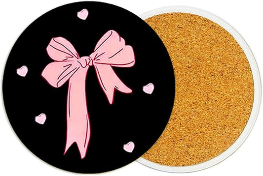 2Pack Bow Ceramic Coasters Absorbent Coasters for Drinks with Cork Base, Bow Coaster for Table Office Desk Decor Coffee Cup Wine Beer Bar Cup Mat 3.9 Inch, Bows Themed Gifts for Women