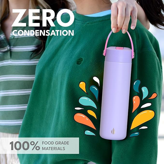 Elemental 24oz Insulated Water Bottle with Straw - 100% Leak-Proof Stainless Steel Core Water Bottles for Travel, Sports and Gym - Double Wall Insulation & BPA Free - Lilac Tie Dye
