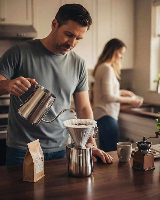 AGOGO Portable Pour Over Coffee Maker V60 Set - Easy Cleaning Compact 304 Stainless Steel Dripper for Camping & 50 Filters Paper & Cleaning Rag Silvery 20 oz