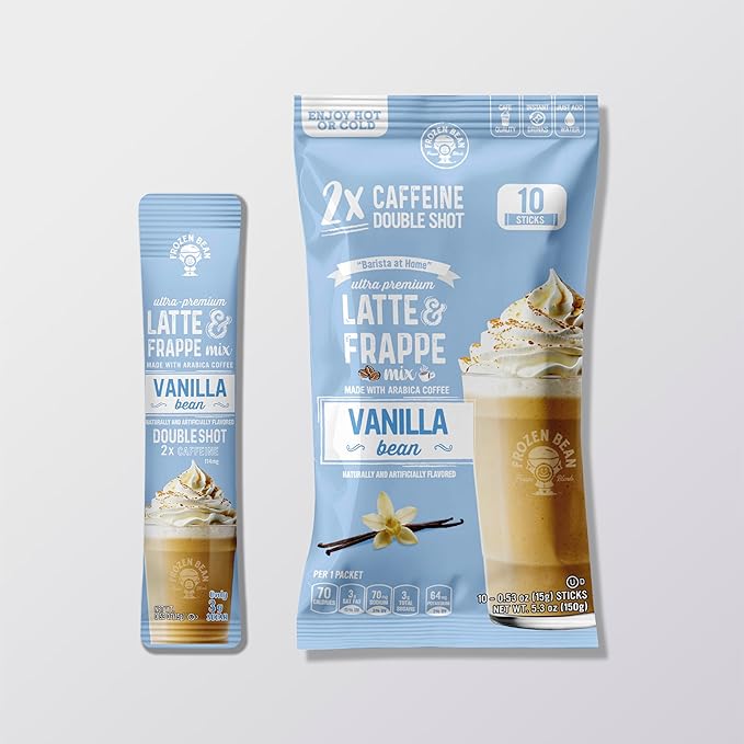 The Frozen Bean Vanilla Bean Frappe & Latte Instant Mix (10 Sticks), Made with Arabica Coffee, Double Shot Caffeine, Low Sugar & Premium Ingredients, Hot, Iced, or Blended Drinks
