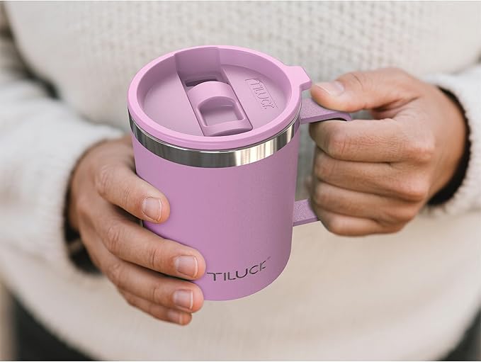 TILUCK 12 oz Insulated Coffee Mug with Lid,Stainless Steel Travel Mug Cup with Handle for Hot or Cold Drinks (Lilac, 12oz)