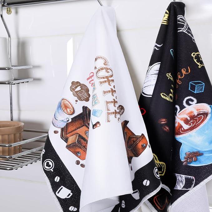 Ferraycle 4 Pieces Kitchen Dish Cloths Coffee Kitchen Hand Towels Absorbent Tea Towels 24 x 16 Inches, Cafe Lover Gift Bar Decorative Dish Cloths Rags, for Farmhouse(Bright,Tea Time)