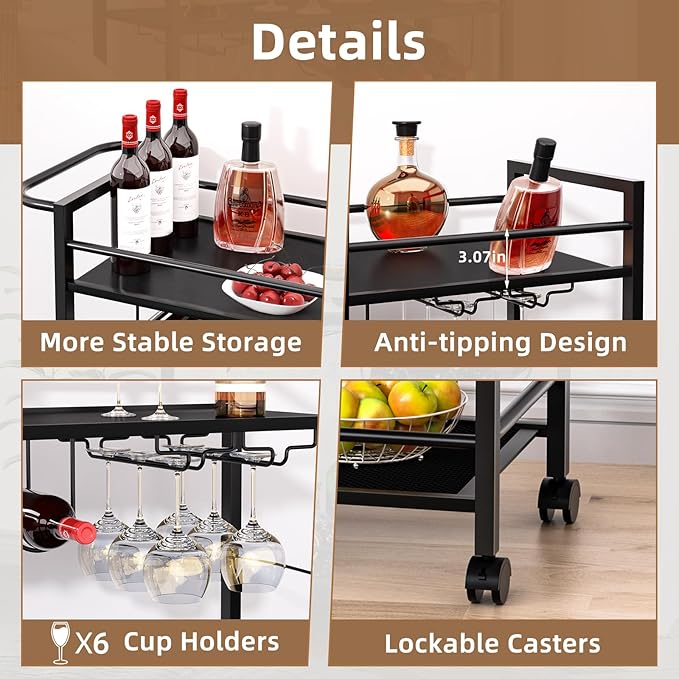 Bar Cart,Home Bar Serving Cart with Storage Shelves, 2 Tier Rolling Beverage Cart with Wheels, Modern Vintage Black Wine Cart with Wine Rack and Glass Holder for Kitchen, Dinning Room,Living Room