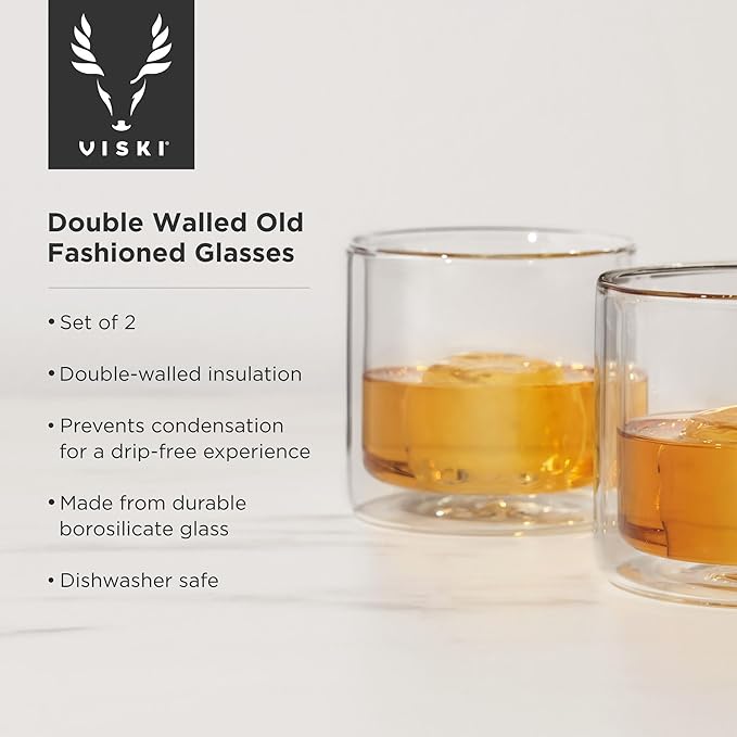 Viski Double Walled Old Fashioned Glasses - Insulated Borosilicate Glass Tumblers - Glass Cups for Bourbon, Whiskey, Scotch, Brandy, and Cocktails - 7 oz, Set of 2