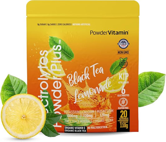 PowderVitamin Electrolytes Powder Plus (20 Servings) Black Tea Lemonade Electrolyte Powder Keto, Sugar Free, Pink Himalayan Salt,1000mg Potassium,120mg Calcium,120mg Magnesium, Hydration Powder
