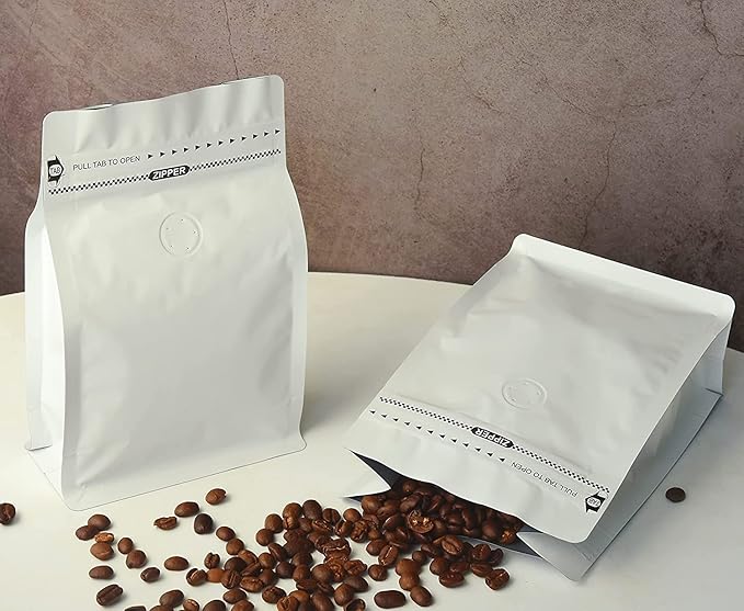 16oz 100pcs Wihite Coffee Bags with High Barrier Aluminum Foil Liner, Resealable Coffee Pouches with Degassing Valve, Ziplock Food Storage Bags with Pull Tape, 16oz/1lb/500gram