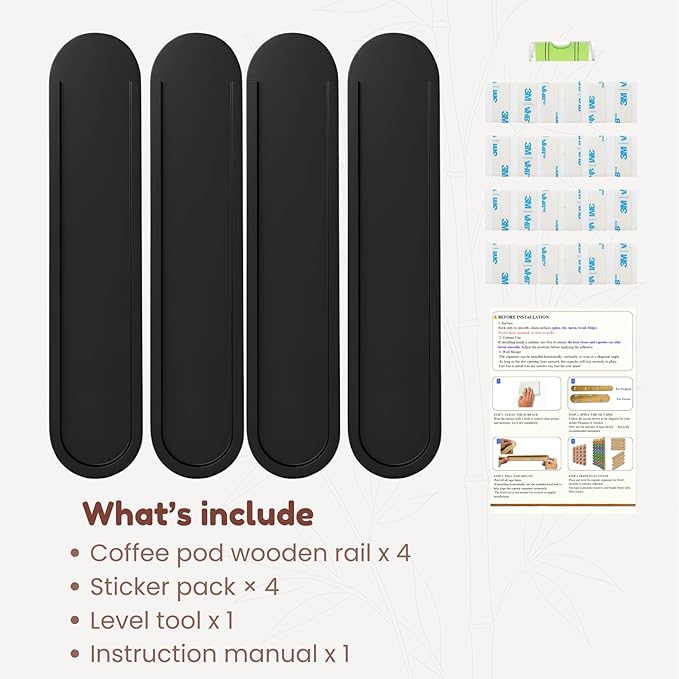Bamboo Coffee Pod Holder, Adhesive Wall Mount (No Drilling) for Inside Cabinet Door, 20-Capsule Storage (Set of 4), Vertical & Horizontal, Compatible with Nespresso Vertuo Line-Black