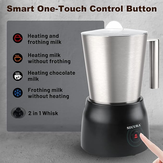 Secura Detachable Milk Frother and Steamer, 17oz Electric Milk Warmer with Glass Jug, 4-in-1 Hot & Cold Foam Maker for Latte, Cappuccinos & Hot Chocolate, Dishwasher Safe, BPA & Teflon-Free Design