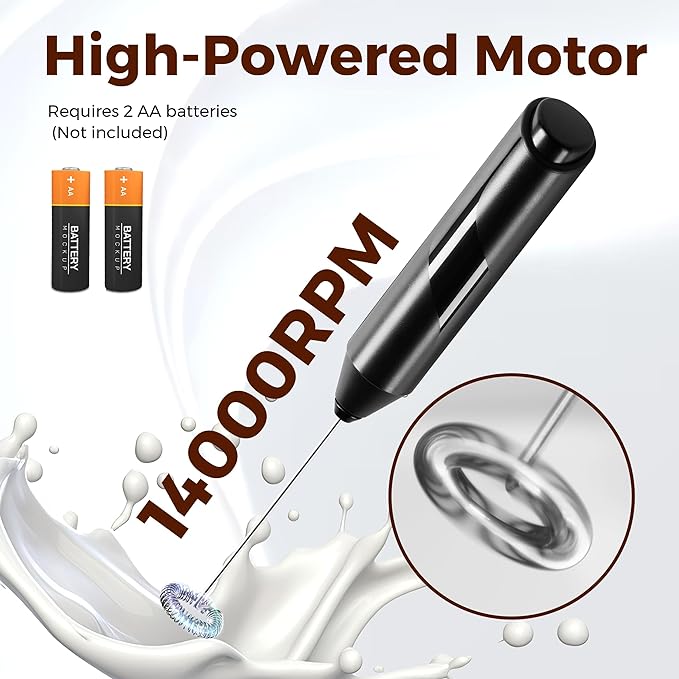 HealSmart Milk Frother Handheld, Battery Operated Electric Drink Mixer with Stainless Steel Whisk and Stand for Coffee, Lattes, Cappuccino, Matcha, Hot Chocolate, Black