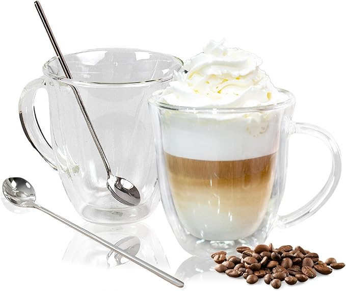 AYL Double Wall Coffee Mugs with Handle (9oz) - Insulated Glass Cups for Tea, Coffee, Cappuccino, Espresso & Latte - Elegant & Clear Beverage Glasses